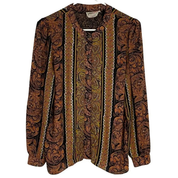Vintage 80s 90s Printed Button Down Blouse Top Womens Size Small Black Gold - Picture 1 of 11